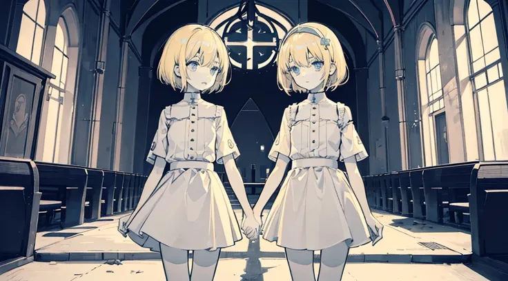 (2 girls, sister, blonde hair, short hair, twins, kawaii, hold hands), (abandoned church, late night), (low contrast, flat color, limited palette)