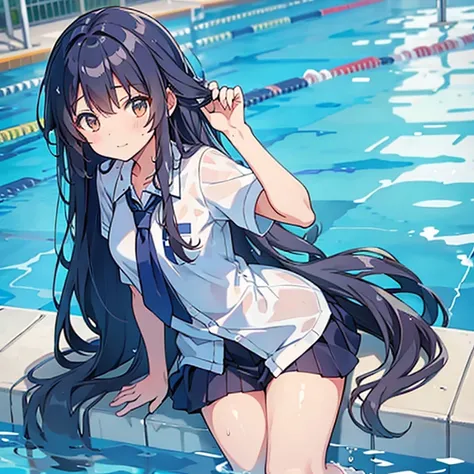 a highschool girl wirh long hair wear wet uniform beside of swimming pool