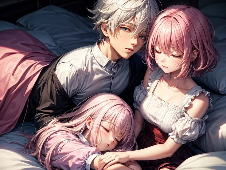 Best quality: 1.0), (Super High Resolution: 1.0), Anime man, short white hair, pink hair woman, sleeping together