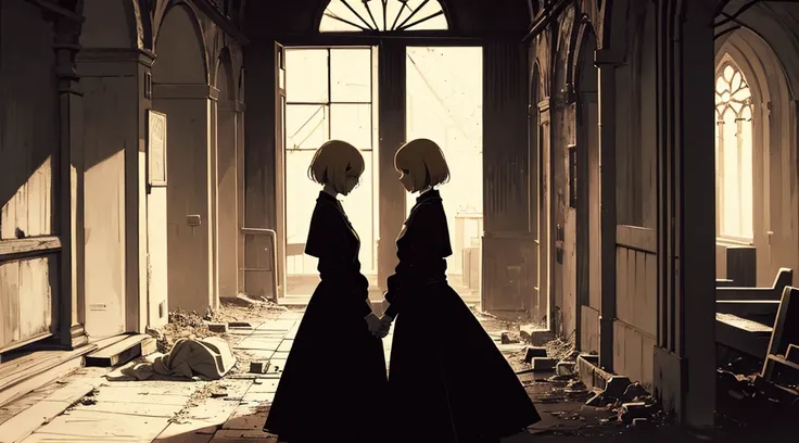 (2 girls, sister, blonde hair, short hair, twins, kawaii, hold hands), (abandoned church, late night), (low contrast, flat color, limited palette)