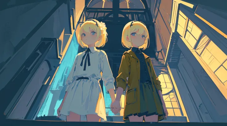 (2 girls, sister, blonde hair, short hair, twins, kawaii, hold hands), (abandoned church, late night), (low contrast, flat color, limited palette)