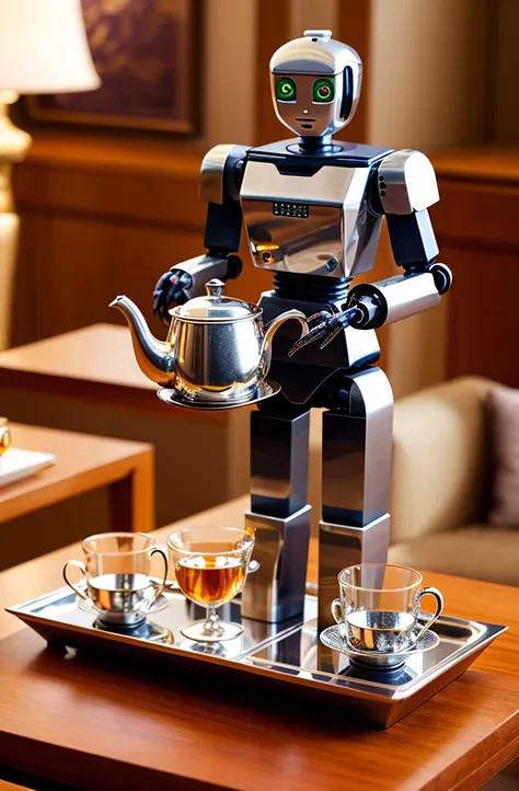 a robot butler serving tea, polished metal exterior, elegant design, shiny surface, graceful movements, intelligent facial expressions, precision serving, perfect cups, decorative teapot, sparkling water droplets, spotless cutlery, luxurious tea set, silve...