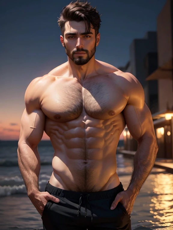 Homem bonito, barba, olhos dourados, corpo definido, wearing pants, busto nu, rosto detalhado, lua cheia, noite, posando de lado, Night scenery (imagem ultra HD)