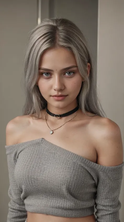 13 year old girl, Alone, Long gray hair, , view the viewer, Blonde hair, shoulder, Brown eyes, jewely, Full body lesbian, choker necklace, cropped shoulders, Sweaters, Open lips, actual, nase, flirting with the camera