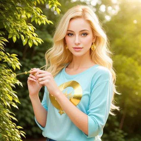 (best quality,highres,masterpiece:1.2),ultra-detailed,(realistic,photorealistic,photo-realistic:1.37),Mature depiction,Sailor Moon confidently holding a Moon wand,blonde hair flowing,stylish blue jeans,trendy t-shirt,lush green garden background,soft sunli...