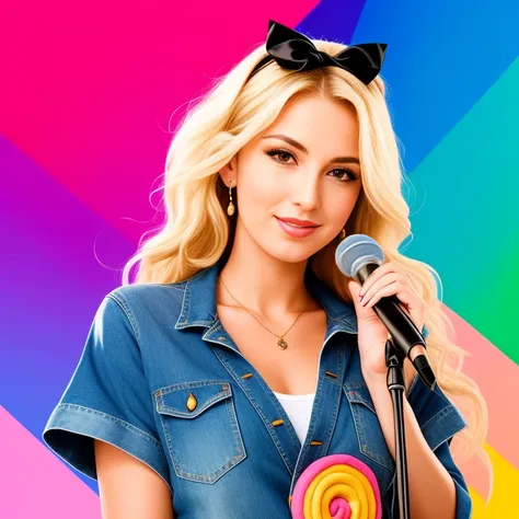 "(Mature and realistic portrayal:1.2) Sailor Moon exuding confidence as she holds a microphone, her blonde hair cascading down, adorned in stylish rainbow denim clothes from the 2000s, with a backdrop filled with donuts."