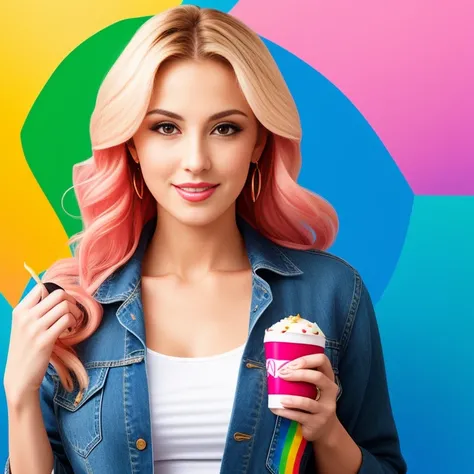 "(Mature and realistic portrayal:1.2) Sailor Moon exuding confidence as she holds a microphone, her blonde hair cascading down, adorned in stylish rainbow denim clothes from the 2000s, with a backdrop filled with donuts."