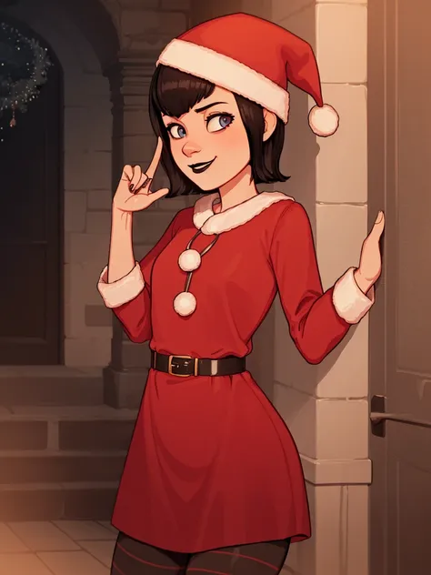 mavis, christmas outfit, short hair, christmas, red outfit, santa outfit, santa hat, black hair, black lipstick, detailed, maste...