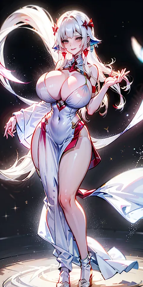 full-body close-up, create an elegant atmosphere), white short skirt, white hair shawl, graceful flowing, elegant movements, lustful smirking smile expression (red blush), floating in the air, (1girl), slim figure)