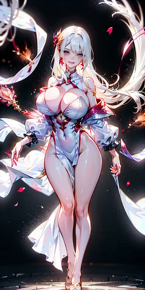 full-body close-up, create an elegant atmosphere), white short skirt, white hair shawl, graceful flowing, elegant movements, lustful smirking smile expression (red blush), floating in the air, (1girl), slim figure)