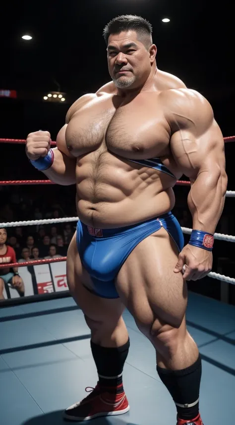 Middle age，the only person，male people，Muscle wrestler，Muscular，Stout wrestler，Asian people，Uncles，60岁的Middle age，Short hair details，Short hair details细节，wrestling pants，Panorama characters，WWE ring，WWE American professional wrestling，spotlight lights，cell...