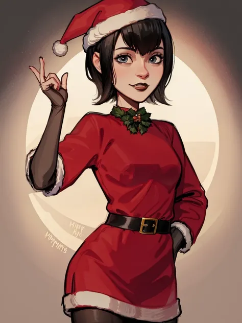 mavis, christmas outfit, short hair, christmas, red outfit, santa outfit, santa hat, black hair, black lipstick, detailed, maste...