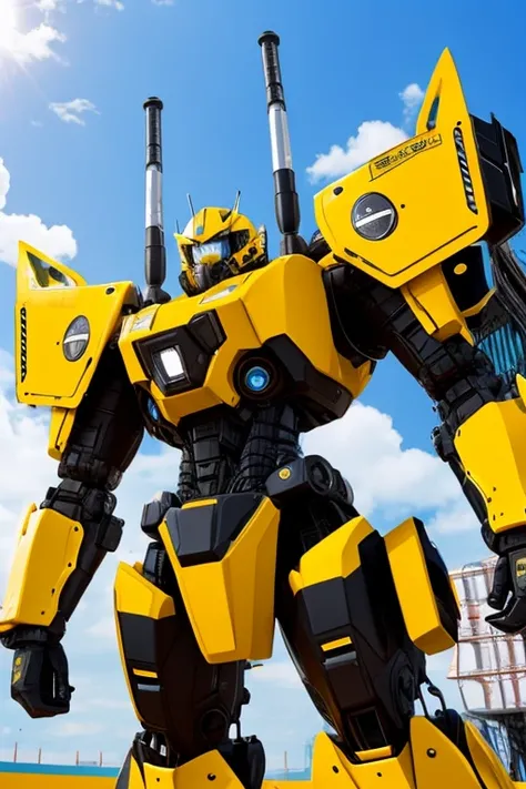 机器人　mechs　Yellow and black color　construction drill equipment　Light armor　mechsニカルなフルフェイスヘルメット　Character erasure　mining