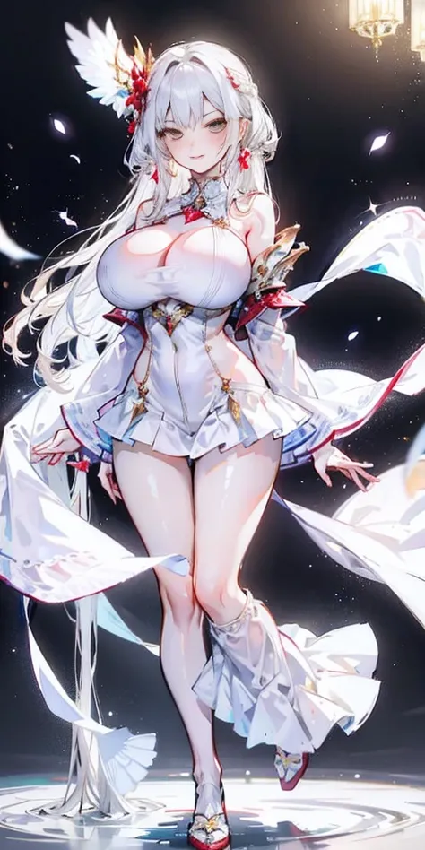 full-body close-up, create an elegant atmosphere), white short skirt, white hair shawl, graceful flowing, elegant movements, lustful smirking smile expression (red blush), floating in the air, (1girl), slim figure)