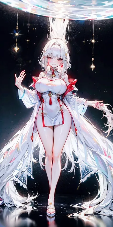 full-body close-up, create an elegant atmosphere), white short skirt, white hair shawl, graceful flowing, elegant movements, lustful smirking smile expression (red blush), floating in the air, (1girl), slim figure)