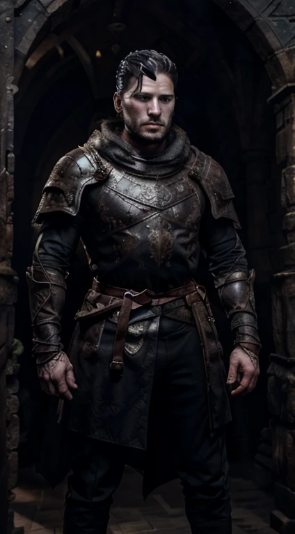 Jon snow, 20 years old, low taper fade haircut, black hair, intense blue eyes, intense gaze, affiliated features, no facial hair, height 1.93, weight 90 kg, aesthetic muscular build, broad shoulders, V-shaped body, sleeve wolf tattoo, full body focus, comp...