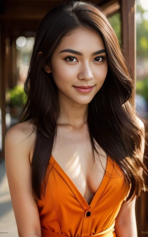 Sexy girl 25 years old,(masterpiece), Indonesian skin tone, best quality, expressive eyes, perfect face, (ultra realistic), (Orange Formal Suit), Smile, Long Black Hair, innocent face, natural wavy hair, brown eyes, black pantie, Topless, Boobs size 90c, H...