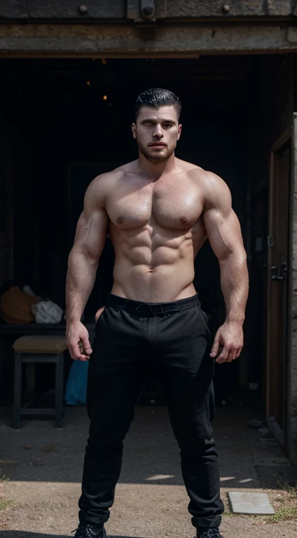 Jon snow, 20 years old, low taper fade haircut, black hair, intense blue eyes fixed, intense gaze, affiliated features, no facial hair, height 1.93, weight 90 kg, aesthetic muscular build, broad shoulders, V-shaped body, sleeve wolf tattoo, full body focus...