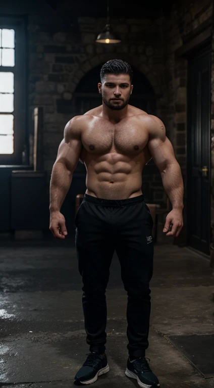 Jon snow, 20 years old, rascado de Los lados y de detras y bajo arriba haircut, black hair, intense blue eyes fixed, intense gaze, affiliated features, no facial hair, height 1.93, weight 90 kg, aesthetic muscular build, broad shoulders, V-shaped body, wol...