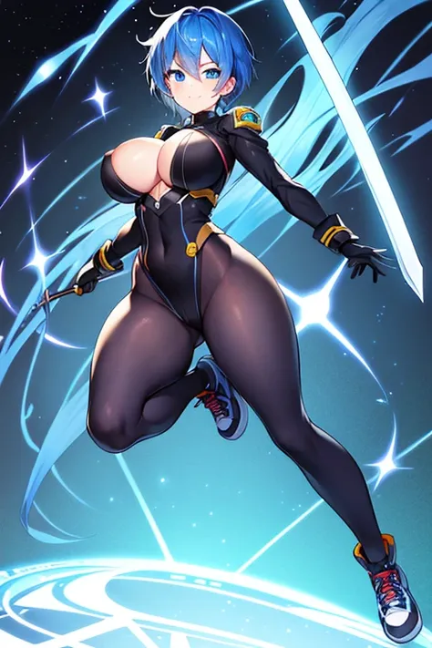 1girl, breasts, large breasts, wide hips, blue hair, very short hair, tomboy, pixie cut, blue eyes, bodysuit, black bodysuit, smile, light smile, sword, shoes, sneakers, pantyhose, black pantyhose, futuristic, science-fiction, neon, neon trim, full body, (...