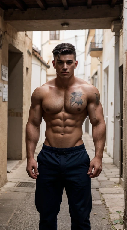 White young man, 18 years old, rascado de Los lados y de detras y bajo arriba haircut, black hair, intense blue eyes fixed, intense gaze, affiliated features, no facial hair, height 1.93, weight 90 kg, aesthetic muscular build, broad shoulders, V-shaped bo...