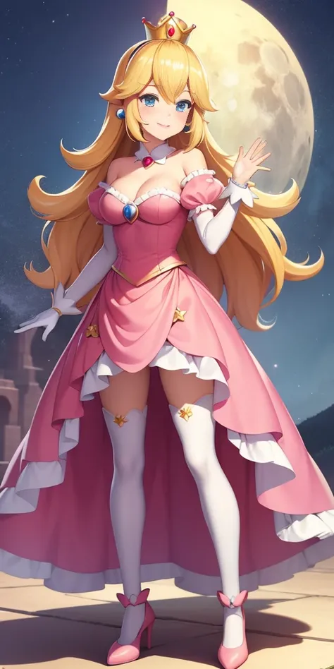 (masterpiece, best quality:1.2), 1girl, solo, (flat color:1.1), (princess peach:1.1), from the mario franchise, pink and gold, long blonde hair, large breasts, pink dress with puffy sleeves, white gloves, pink high heels, blue eyes, gold crown, royal demea...