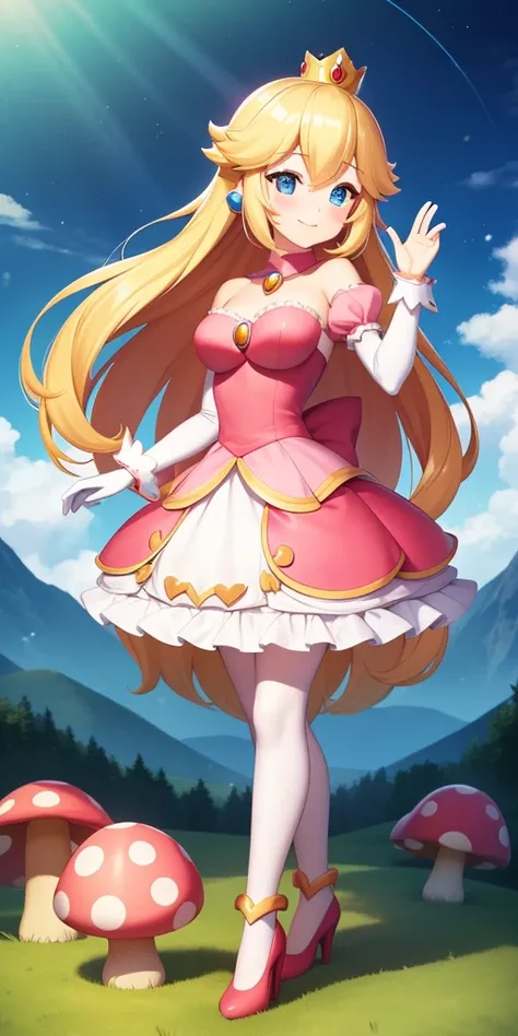 (masterpiece, best quality:1.2), 1girl, solo, (flat color:1.1), (princess peach:1.1), from the mario franchise, pink and gold, long blonde hair, large breasts, pink dress with puffy sleeves, white gloves, pink high heels, blue eyes, gold crown, royal demea...