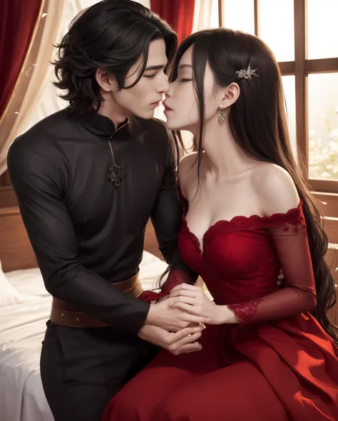 tmasterpiece, best qualtiy, 8K, high detal, ultra - detailed,Handsome mans，wearing classic black prince costume，cabelos preto e longos。his facial features are very distinct，The facial expressions are focused and calm，Look at the girl next to you。The girl i...