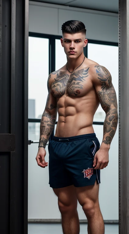 White young man, 18 years old, low taper fade haircut, black hair, intense blue eyes fixed, intense gaze, affiliated features, no facial hair, height 1.93, weight 90 kg, aesthetic muscular build, tigers tattoos in the arm ,broad shoulders, V-shaped body, f...