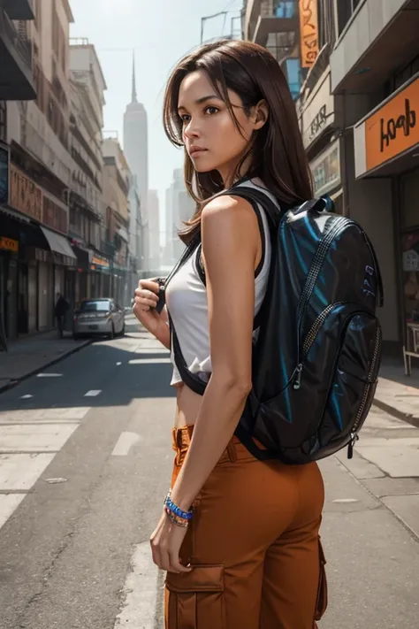 woman in her 30s, medium long brown hair, wearing a white sleeveless top, orange cargo pants, a futuristic backpack, a futuristic holographic bracelet what creates a hologram on her arm, she is a little dusty, alerted expression, abandonned city background