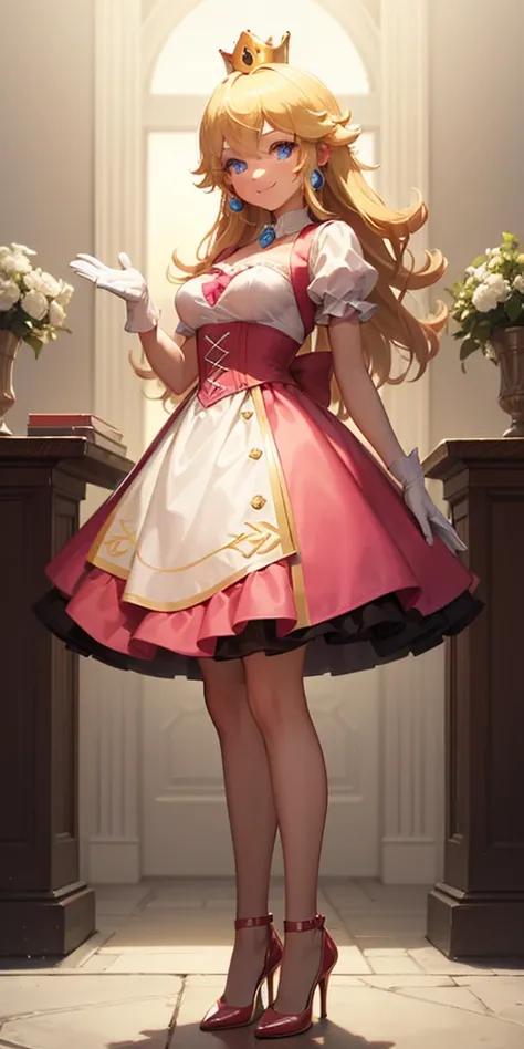 (masterpiece, best quality:1.2), 1girl, solo, (flat color:1.1), (princess peach:1.1), from the mario franchise, pink and gold, long blonde hair, large breasts, pink dress with puffy sleeves, white gloves, pink high heels, blue eyes, gold crown, royal demea...