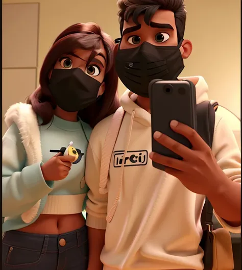 Pixar style couple wearing black surgical mask, alta qualidade,,, melhor qualidade