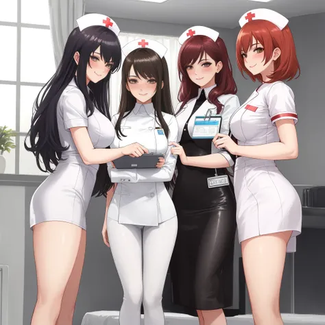 three women in white uniforms posing on a bed with white sheets, nurse girl, smooth white tight clothes suit, in white clothes, close - fitting nurse costume, perfect android girl family, an alien robot naughty nurse, hyperrealistic schoolgirl, a hyperreal...