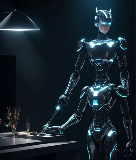 A robot butler in a luxurious mansion, polished metallic surfaces, glowing LED lights, intricate circuitry, high-tech gadgetry, sleek design, sharp edges, seamlessly integrated AI, advanced robotics, human-like movements, responsive to voice commands, effi...