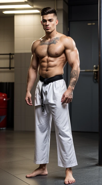 White young man martial arts black belt, 18 years old, low taper fade haircut, black hair, green eyes fixed, intense gaze, affiliated features, no facial hair, height 1.93, weight 90 kg, aesthetic muscular build, tattoos in the arm ,broad shoulders, V-shap...