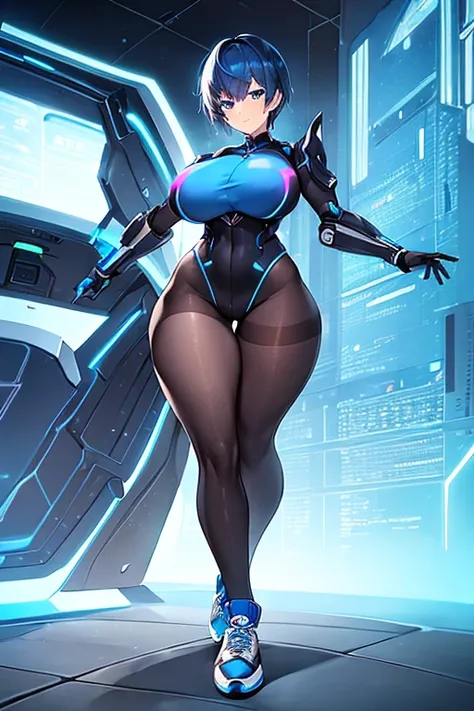 1girl, breasts, large breasts, wide hips, blue hair, very short hair, pixie cut, blue eyes, bodysuit, black bodysuit, smile, light smile, shoes, sneakers, pantyhose, black pantyhose, futuristic, science-fiction, tech, machinery, neon, neon trim, full body,...