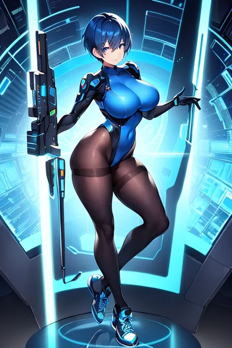 1girl, breasts, large breasts, wide hips, blue hair, very short hair, pixie cut, blue eyes, bodysuit, black bodysuit, smile, light smile, shoes, sneakers, pantyhose, black pantyhose, futuristic, science-fiction, tech, machinery, neon, neon trim, full body,...