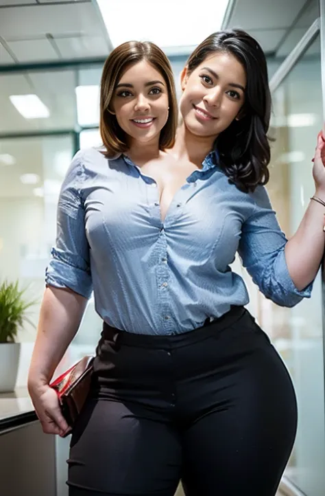 (((3heads))),**Render**: full - body, girl.  woman. fat 1 person, fat, feminine face, no facial hair, no body hair, ,(((Dressed like an office worker))),blonde, overweight,  thicc, holding a brown bag with documents, cute face,  morena, detailed skin, A de...