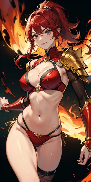 (masterpiece), best quality, expressive eyes, perfect face, ((gold and crimson armor)), closed smile, athletic body, slim figure, lace bikini, thong, exposed midriff, large breasts, cleavage, fishnets, watercolor, fire background. fire magic, sunset