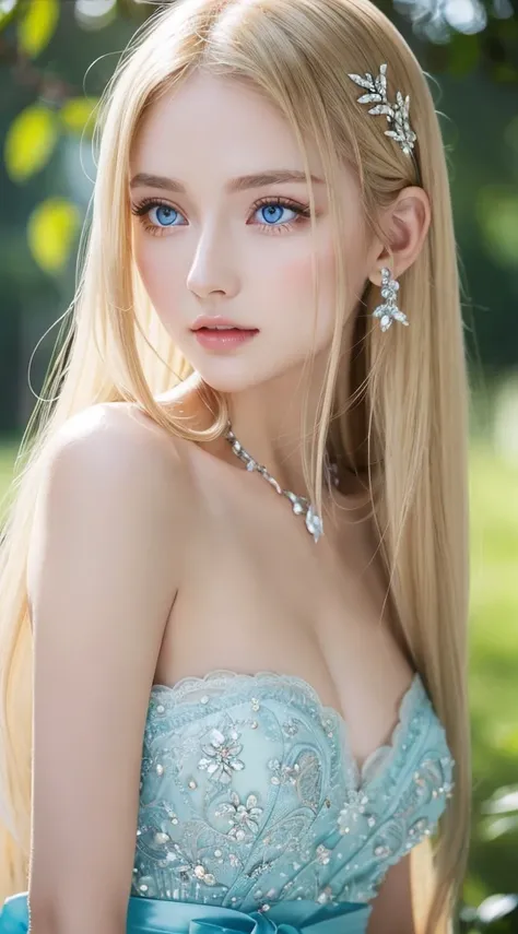 A beautiful girl with very long bright blonde hair and very beautiful bright light blue eyes.、1girl in, very disheveled hair, Very beautiful long shiny hair、Very beautiful cute face、Lustrous and radiant beautiful skin、独奏、ultra-quality、Hard Focus、film grain...