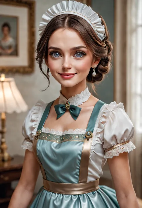 (best quality,4k,8k,highres,masterpiece:1.2),ultra-detailed,(realistic,photorealistic,photo-realistic:1.37),female,robotic but feminine face,beautiful detailed eyes,beautiful detailed lips,extremely detailed eyes and face,long eyelashes,robotic maid wearin...