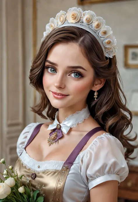 (best quality,4k,8k,highres,masterpiece:1.2),ultra-detailed,(realistic,photorealistic,photo-realistic:1.37),female,robotic but feminine face,beautiful detailed eyes,beautiful detailed lips,extremely detailed eyes and face,long eyelashes,robotic maid wearin...