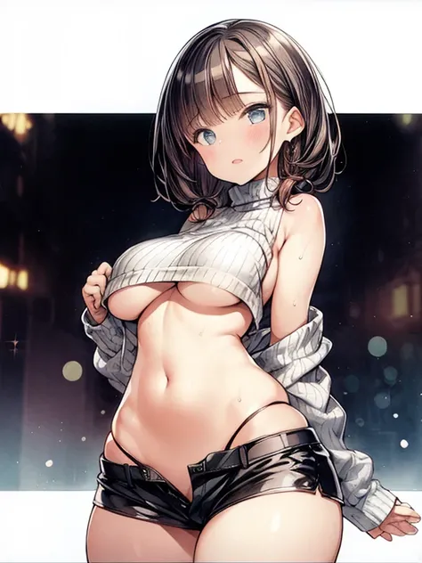 NSFW,bottom boobs,(masterpiece), best quality, extremely detailed, (watercolor), bloom, delicate and beautiful, illustration, (from below),(1girl:1.4), (solo:1.2), large breasts, (ribbed sweater:1.3), off-shoulder sweater, (short shorts:1.2), bare shoulder...