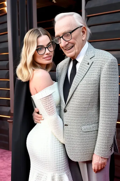 8k, hyperrealistic body photo of big butt woman pale pink skin face margot robbie being hugged from behind by a 90 year old man ...