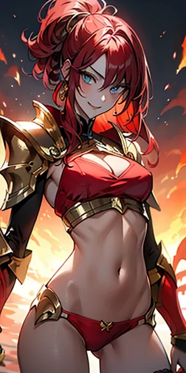 (masterpiece), best quality, expressive eyes, perfect face, ((gold and crimson armor)), closed smile, athletic body, slim figure, lace bikini, thong, exposed midriff, large breasts, cleavage, fishnets, watercolor, fire background. fire magic, sunset