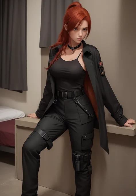 redhead, ((medium hair)), ((dark red hair)), ((solo female)), ((solo)), ((small breasts)), outside, night, ((character portrait)), ((1woman)), ((bedroom)), ((front view)), sweating, ((ponytail)), ((solo female)), ((solo)), ((fully clothed)), ((1woman)), sw...