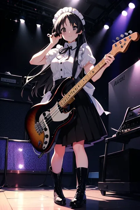 mount mimyeong, mio akiyama, (black eyes:1.5), black hair, long hair, maids，long  skirt，short boots，bass(フェンダージャズbass)is playing...