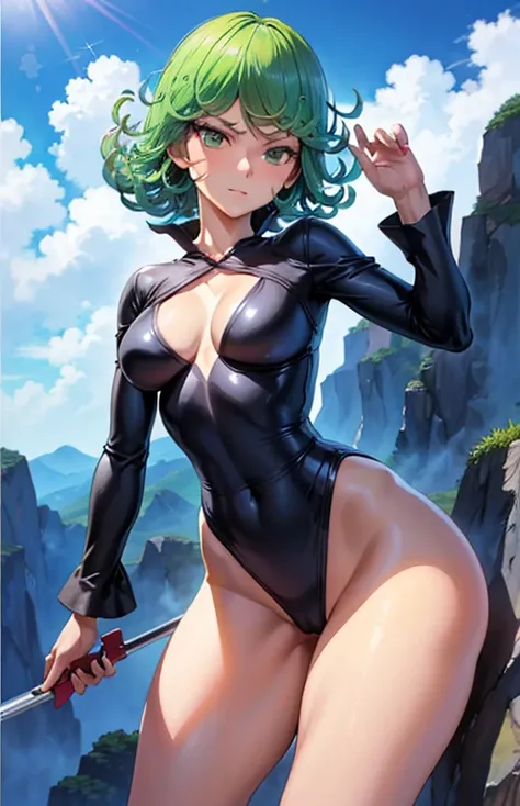 (masutepiece, Best Quality: 1.2), Solo, 1girl in, tatsumaki, Lustful, Closed mouth, Looking at Viewer, Ass, wide hips, Short Bikini, Standing, Legs open, Blue sky, Bad mood, Body Photo Overall, medium breasts