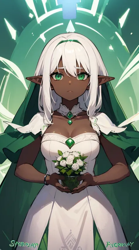 (((Very high image quality))),((Dark Skin)),(((Elf Woman))),(((White hair))),(((green eyes))),(((Seyxy body))),((Wearing white wedding dress)),((shy expression))