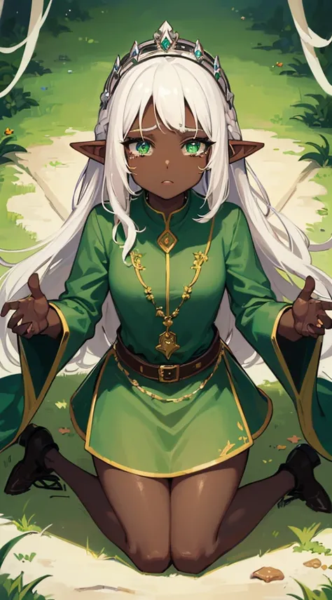 (((Very high image quality))),((Dark Skin)),(((Elf Woman))),(((White hair))),(((green eyes))),(((Seyxy body))),((Wearing a crown)),((On your knees)),((Crying)),((blood on your hands))